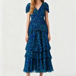 NWOT Self Portrait Blue Crescent Chiffon Midi Dress Cut Out Back Ruffle Size 6